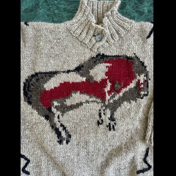 VINTAGE 1990s HANDKNIT ICELANDIC WOOL MENS SWEATER PREHISTORIC CAVE PAINTING XXL - Picture 7 of 8